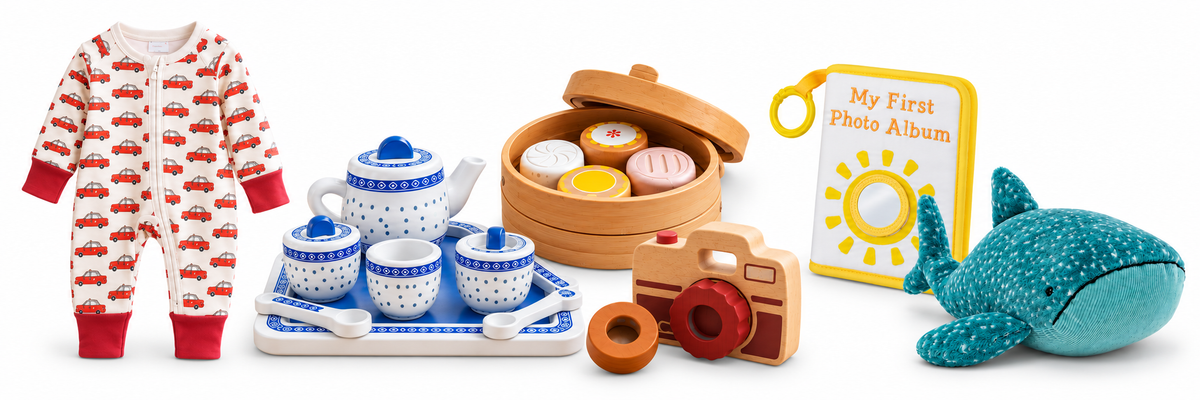 Baby and kids collage with taxi sleepsuit, wooden tea set, dim sum play set, wooden camera, Sunny Sun photo album and whale shark soft toy