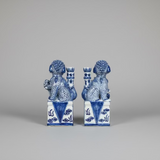 Blue & White Chinoiserie Ceramic Fu Dog Lion Set with Flower Holder