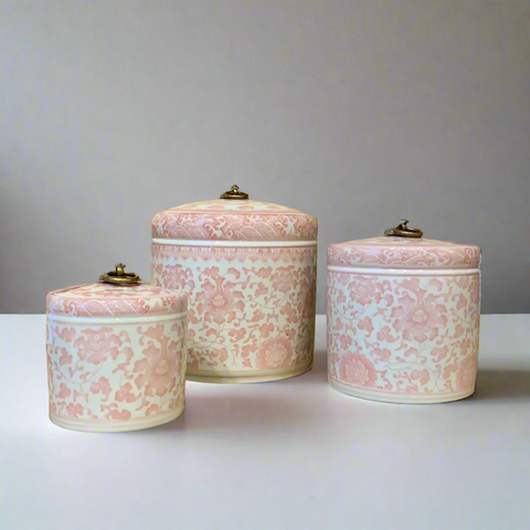 Pink & White Ceramic Storage Jar - Brass Ring Handle