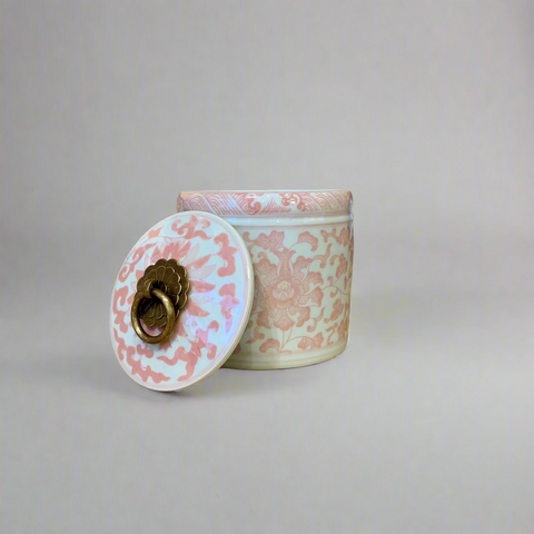 Pink & White Ceramic Storage Jar with Candle - Brass Ring Handle (Mini)