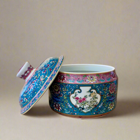 Royal Flora Pink & Teal Round Container with Lid