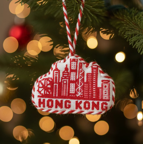 Hong Kong Skyline Candy Cane Needlepoint Ornament