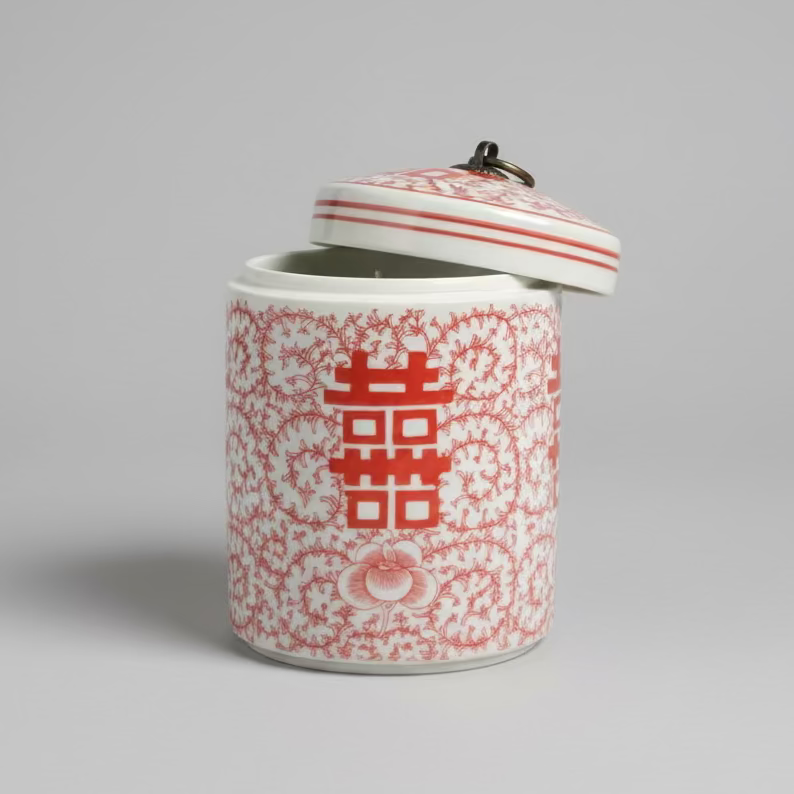 Double Happiness Ceramic Storage Jar with Lid and Candle
