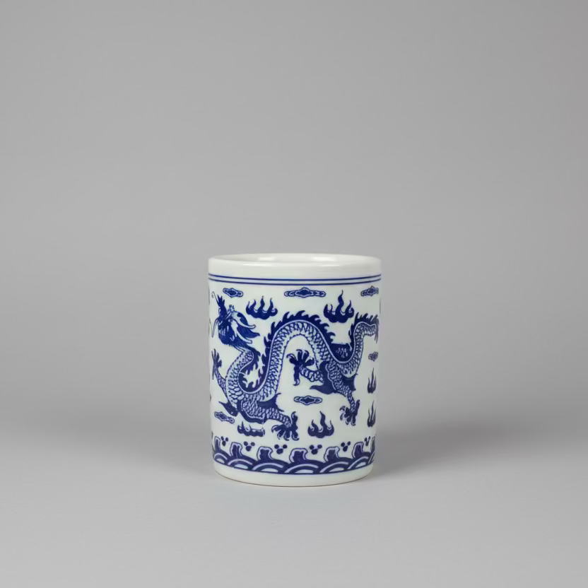 Blue & White Ceramic Cylinder Jar with Candle