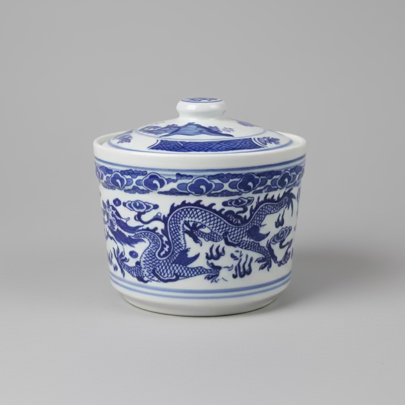 Chinese Blue & White Ceramic Soup Bowl with Lid and Candle