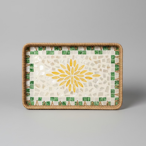 Yellow Petals Shell Inlay Woven Rattan Serving Tray