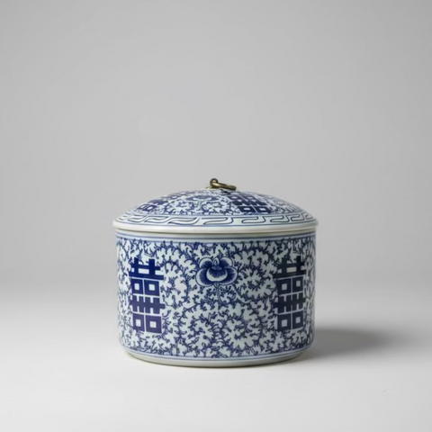 Double Happiness Ceramic Round Jar With Lid - Brass Ring Handle