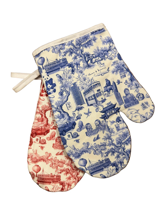 Pair of blue and white hong kong oven mitts