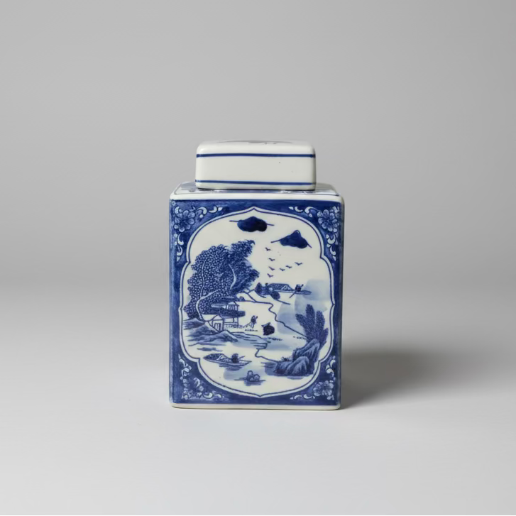 Blue & White Ceramic Square Ginger Jar - Thorn and Burrow