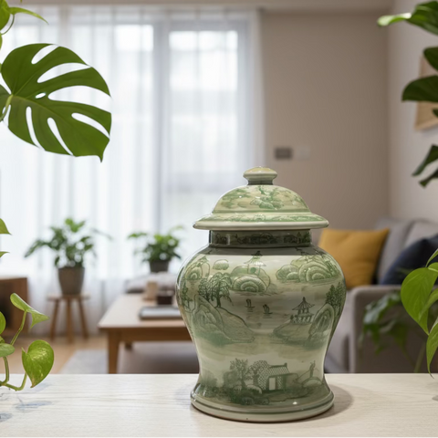 Green Village Ceramic Ginger Jar - Thorn and Burrow