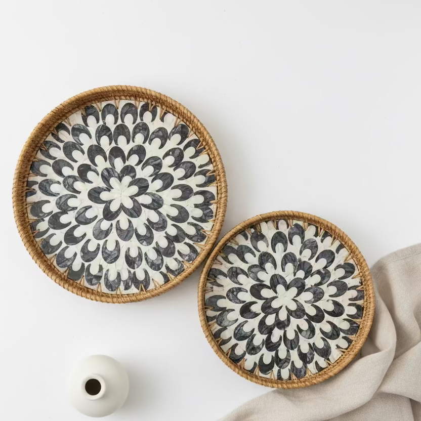 Round Woven Rattan and Capiz Shell Serving Tray - Thorn and Burrow