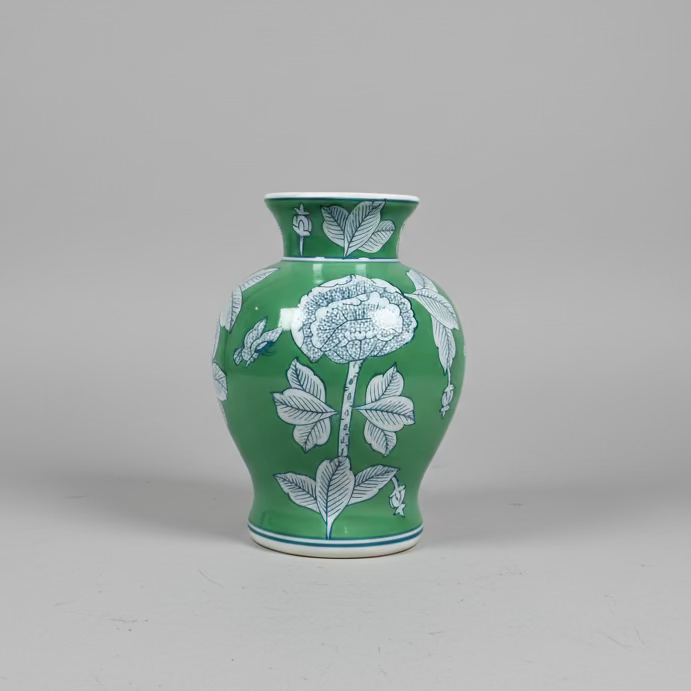 Lara Flora Ceramic Vase - Green with Blue Outline - Thorn and Burrow