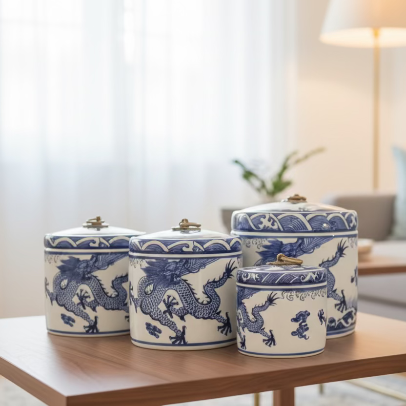 Blue & White Dragon Ceramic Storage Jar with Brass Handle - Thorn and Burrow