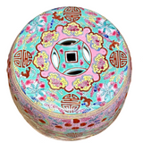 Chinoiserie Pink & Turquoise Coin Ceramic Stool