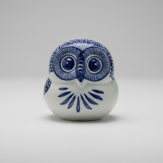 Hand-Painted Blue & White Ceramic Owl Figurine