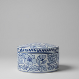 Hand-Painted Blue & White Floral Ceramic Round Canister with Lid