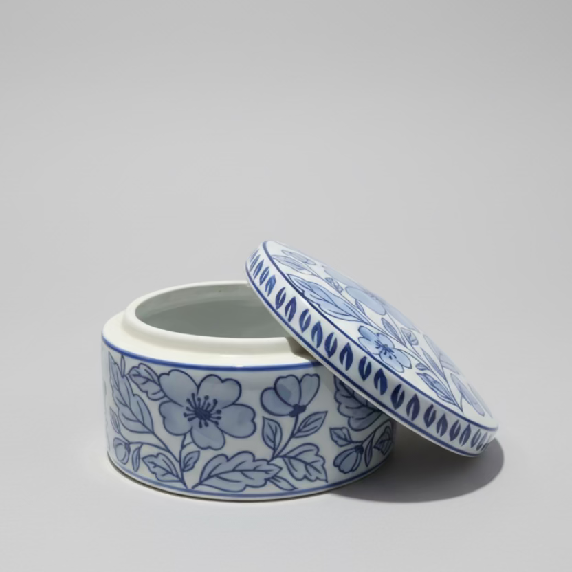 Hand-Painted Blue & White Floral Ceramic Round Canister with Lid