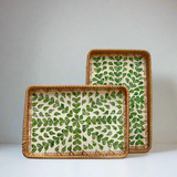 Green Leaves Shell Inlay Woven Rattan Serving Tray