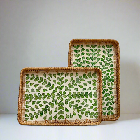 Green Leaves Shell Inlay Woven Rattan Serving Tray