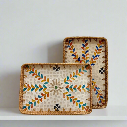 Floral Shell Inlay Woven Rattan Serving Tray