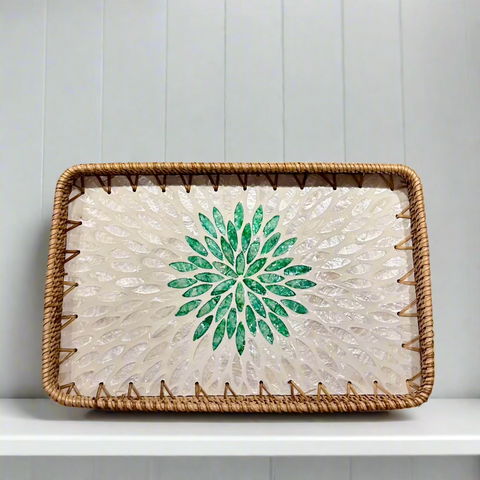 Green Petals Shell Inlay Woven Rattan Serving Tray