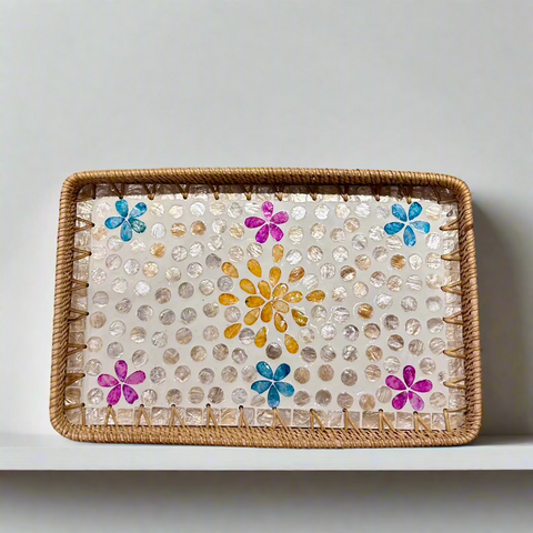 Colourful Petals Shell Inlay Woven Rattan Serving Tray
