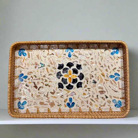 Mixed Shell Inlay Woven Rattan Serving Tray