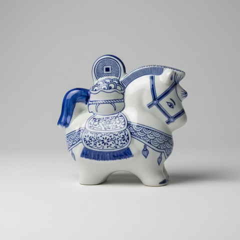 Blue & White Horse Sculpture Porcelain Piggy Bank