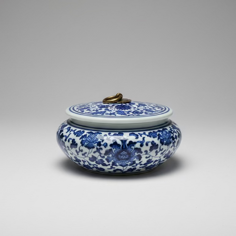 Blue & White Floral Ceramic Round Storage Jar