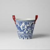Blue and White Ceramic Ice Bucket with Red Handles