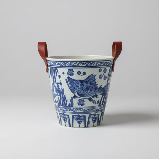 Blue and White Ceramic Ice Bucket with Red Handles