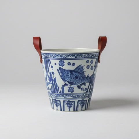 Blue and White Ceramic Ice Bucket with Red Handles