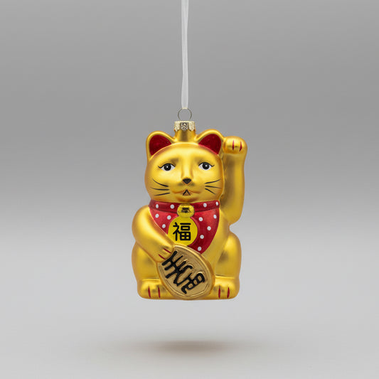 " Gold Traditional Lucky Cat " Asia Series Glass Hanging Ornament