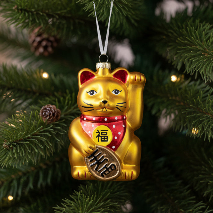 " Gold Traditional Lucky Cat " Asia Series Glass Hanging Ornament