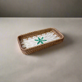 Green Petals Shell Inlay Woven Rattan Serving Tray