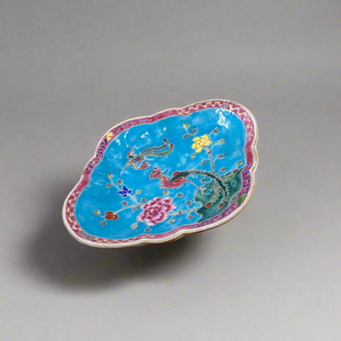 Phoenix Peranakan Scalloped Oval Ceramic Pedestal Bowl - Yellow Base