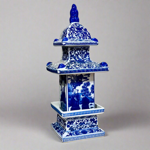 Blue & White Chinoiserie Pagoda Ceramic Storage Jar With Lid