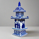 Blue & White Chinoiserie Pagoda Ceramic Storage Jar With Lid