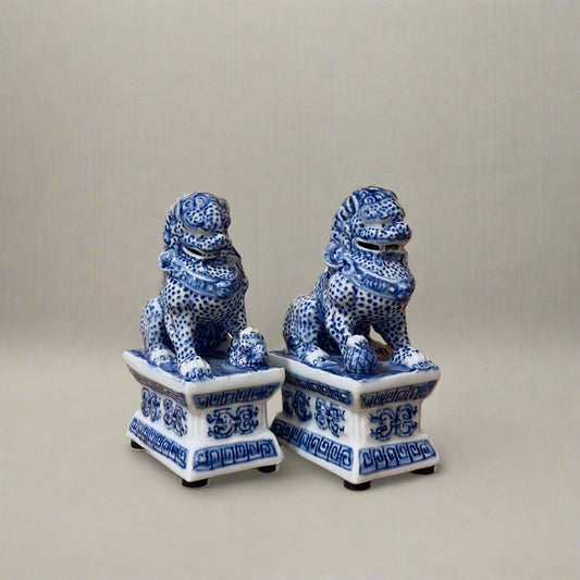 Blue & White Chinoiserie Ceramic Fu Dog Lion Set