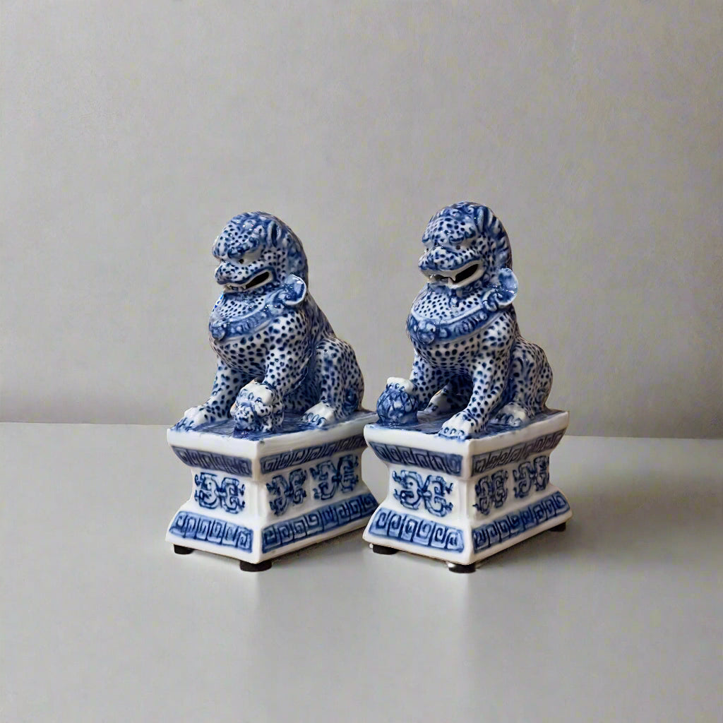 Blue & White Chinoiserie Ceramic Fu Dog Lion Set