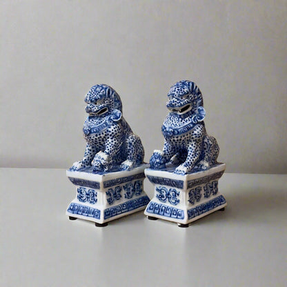 Blue & White Chinoiserie Ceramic Fu Dog Lion Set