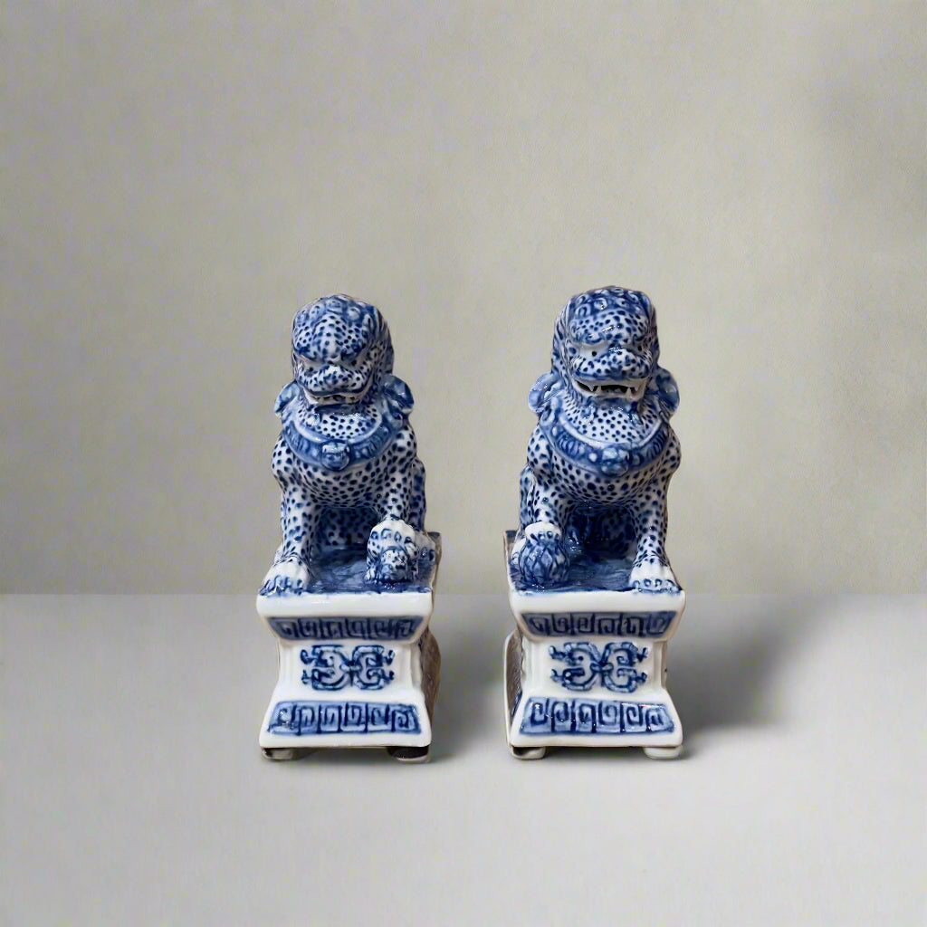 Blue & White Chinoiserie Ceramic Fu Dog Lion Set