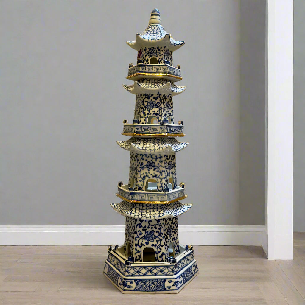 Blue & White Chinoiserie XL 4-tiered Ceramic Pagoda