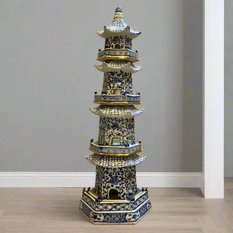 Blue & White Chinoiserie XL 4-tiered Ceramic Pagoda