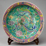 Turquoise and Pink Phoenix Hand-Painted Peranakan Oversized Decorative Plate