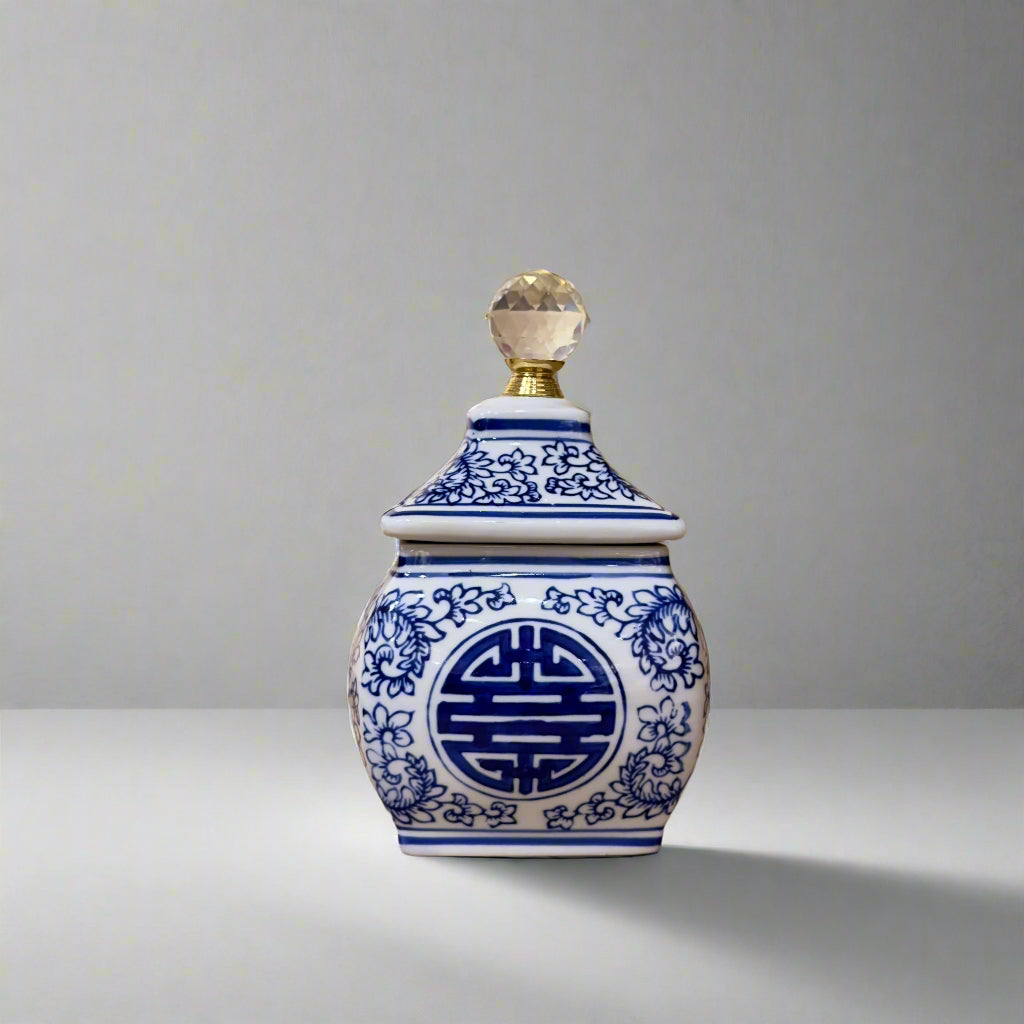 Product image of Blue & White Longevity Ceramic Trinket Jar with Lid