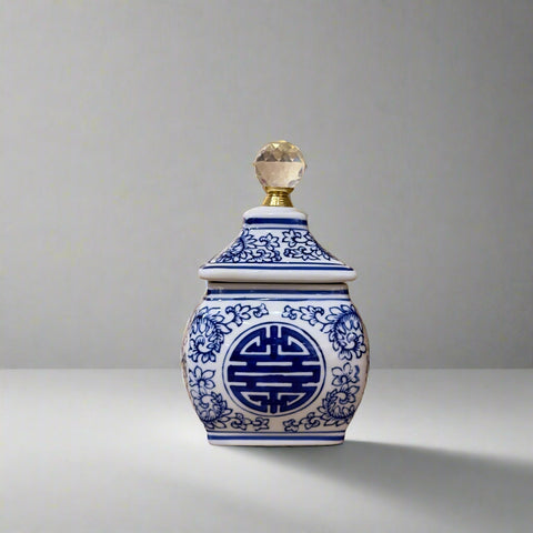 Blue & White Longevity Ceramic Trinket Jar with Lid