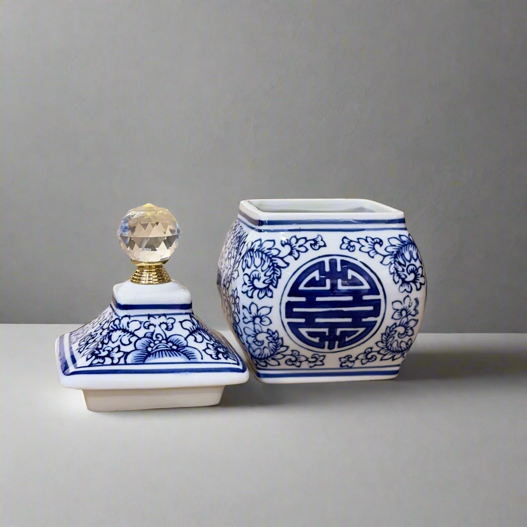 Product image of Blue & White Longevity Ceramic Trinket Jar with Lid