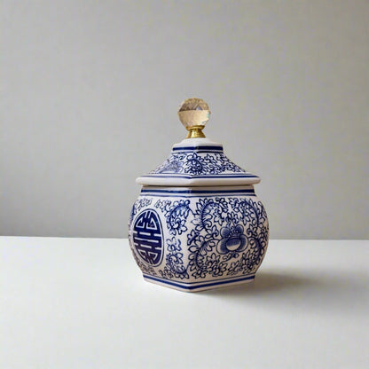 Product image of Blue & White Longevity Ceramic Trinket Jar with Lid