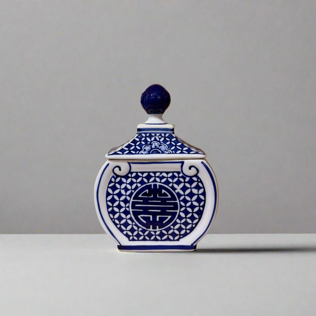Blue & White Longevity Ceramic Oval Trinket Jar with Lid